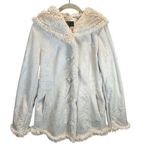 Gallery New York Faux Suede Fur Trim Hooded Jacket Cream Small Penny Lane Coat